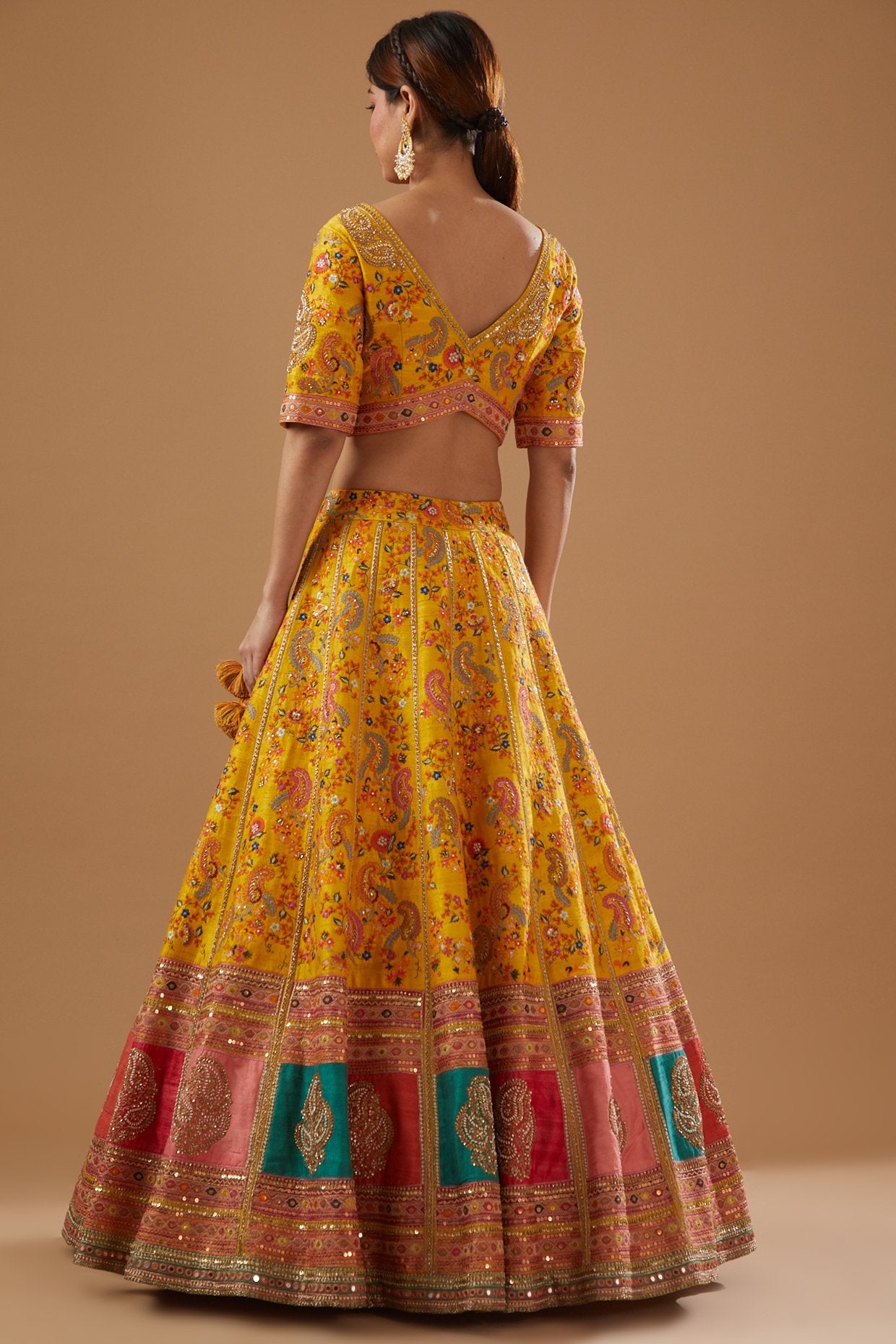 Yellow Dupion Printed & Embroidered Lehenga Set