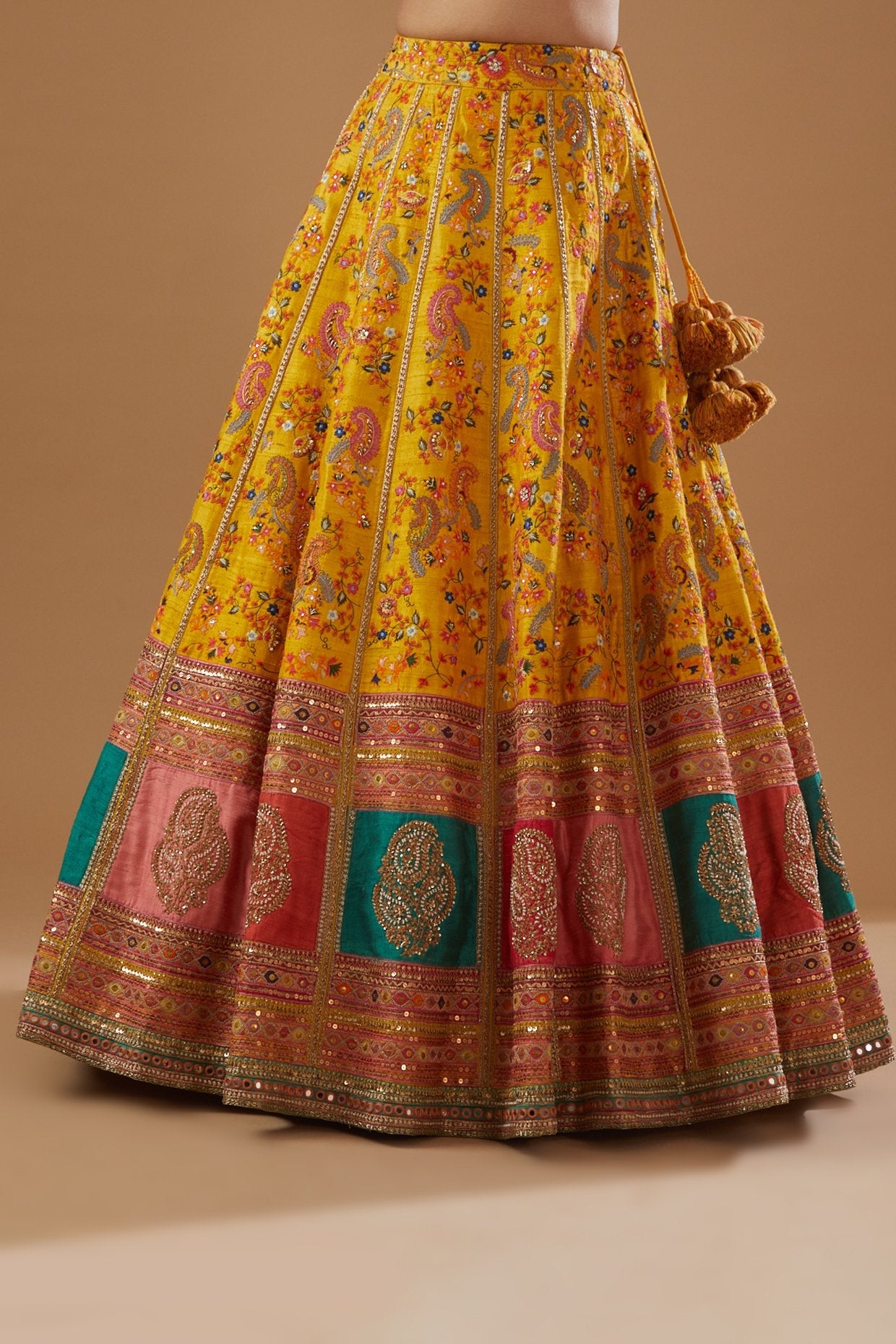 Yellow Dupion Printed & Embroidered Lehenga Set