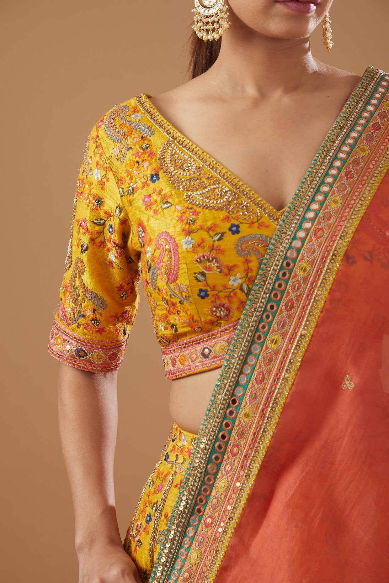Yellow Dupion Printed & Embroidered Lehenga Set