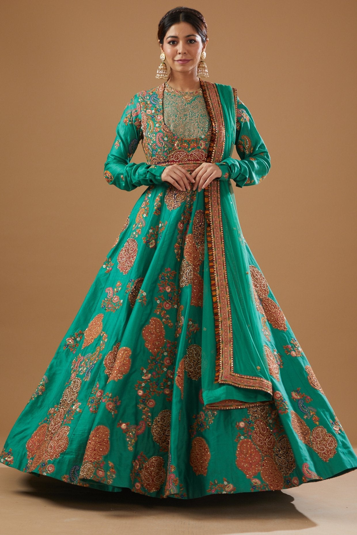Green Chanderi Printed & Embroidered Anarkali set
