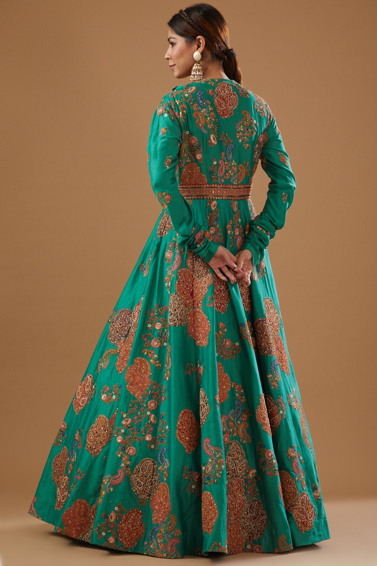 Green Chanderi Printed & Embroidered Anarkali set