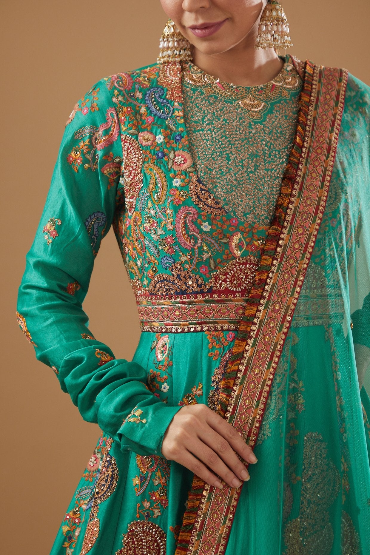 Green Chanderi Printed & Embroidered Anarkali set