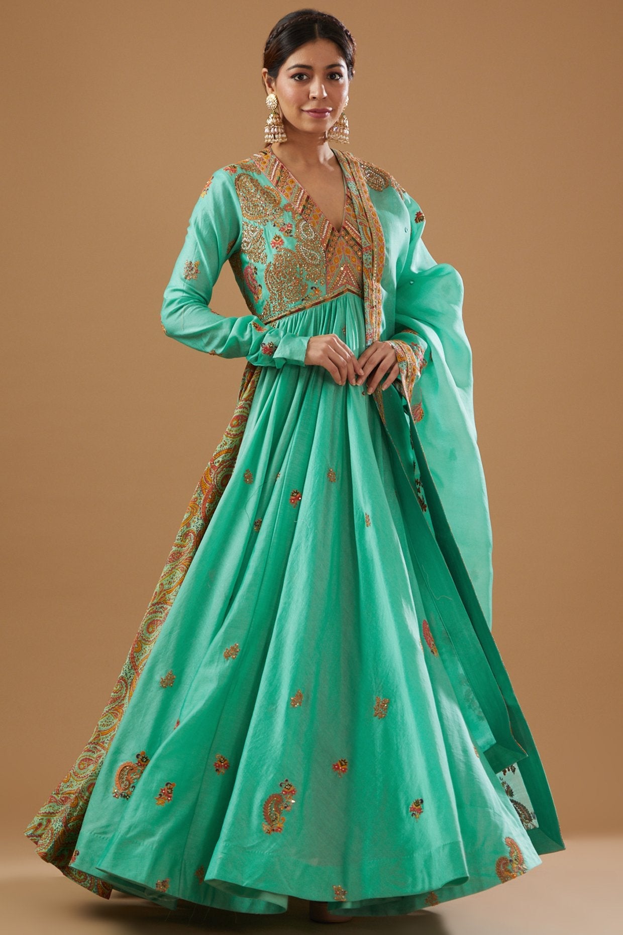 Turquoise Chanderi Printed Anarkali Set