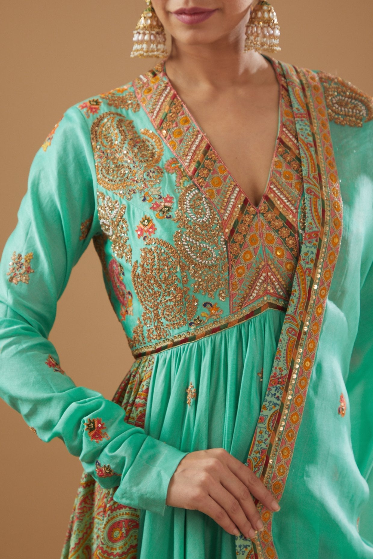 Turquoise Chanderi Printed Anarkali Set