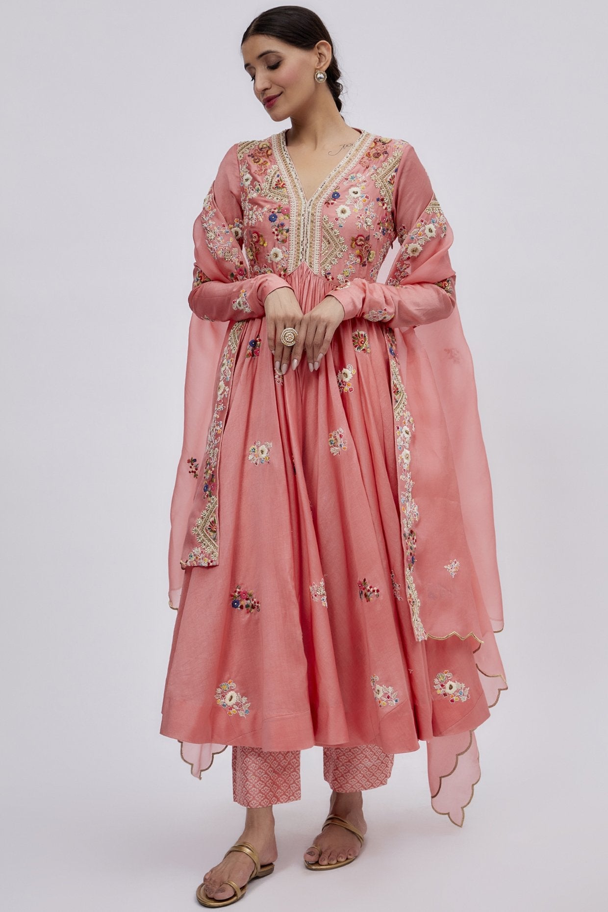 Peach Chanderi Embroidered Kurta Set