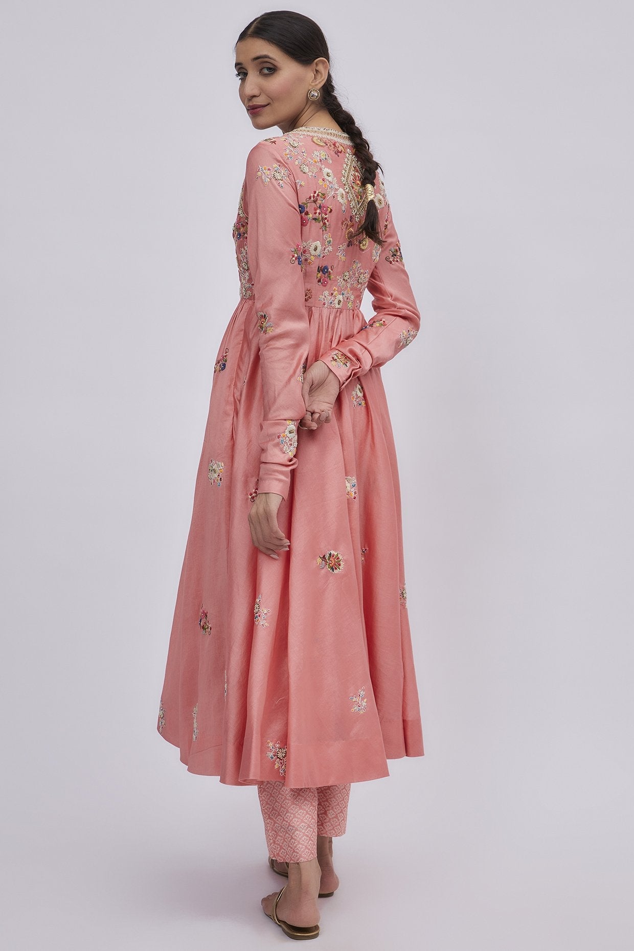 Peach Chanderi Embroidered Kurta Set