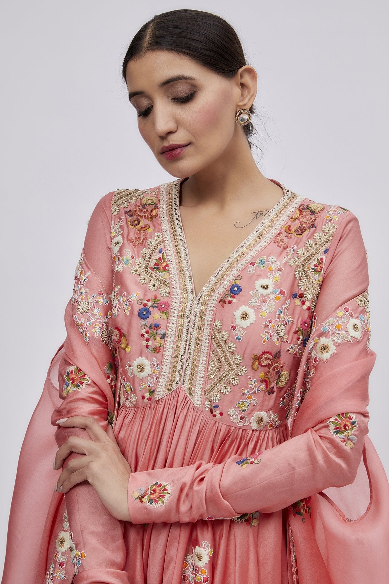 Peach Chanderi Embroidered Kurta Set