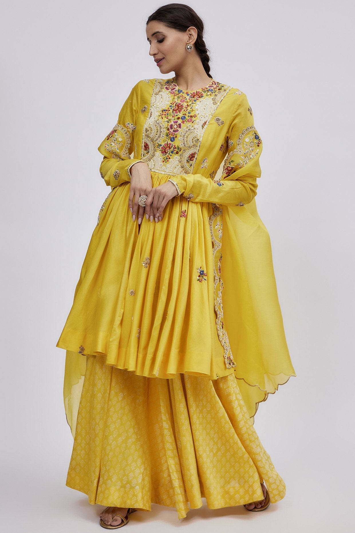 Yellow Chanderi Printed Sharara Set