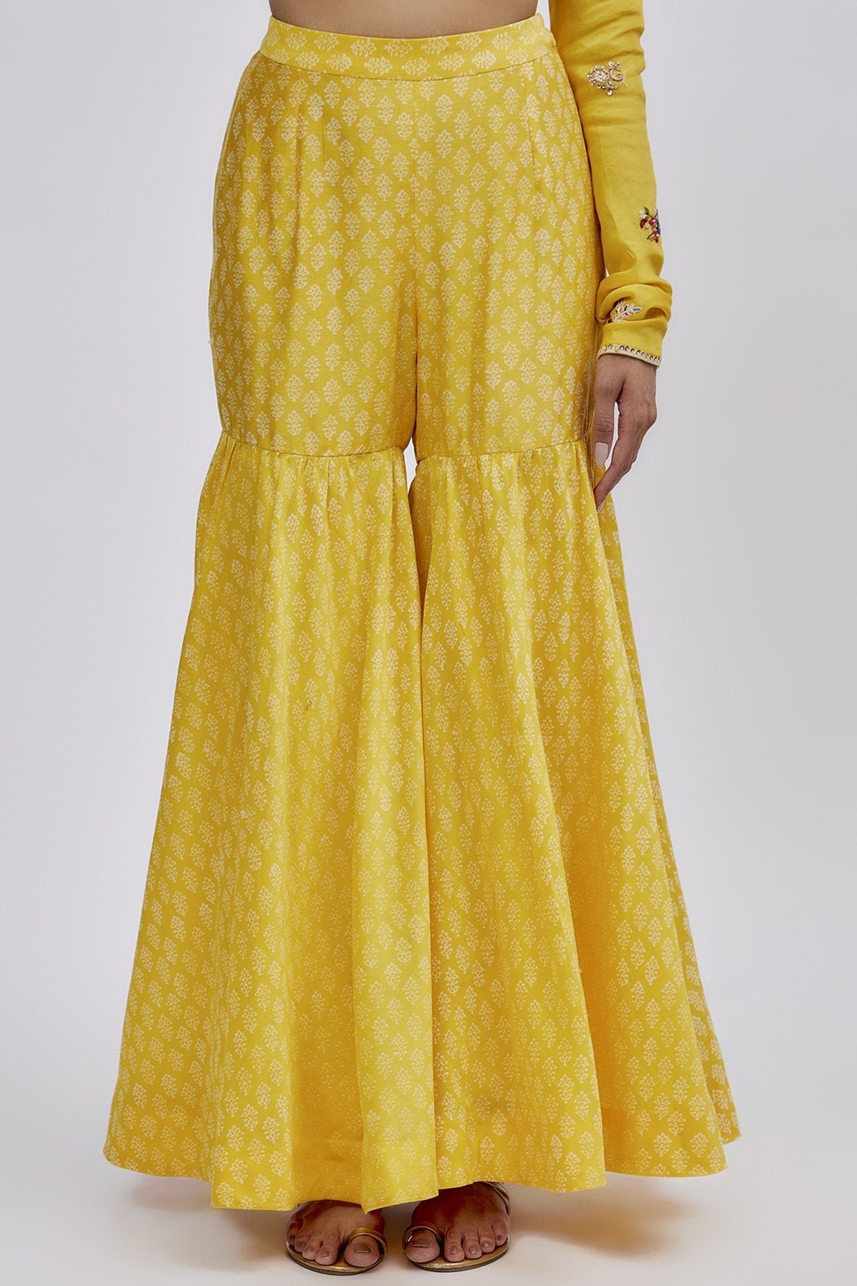 Yellow Chanderi Printed Sharara Set