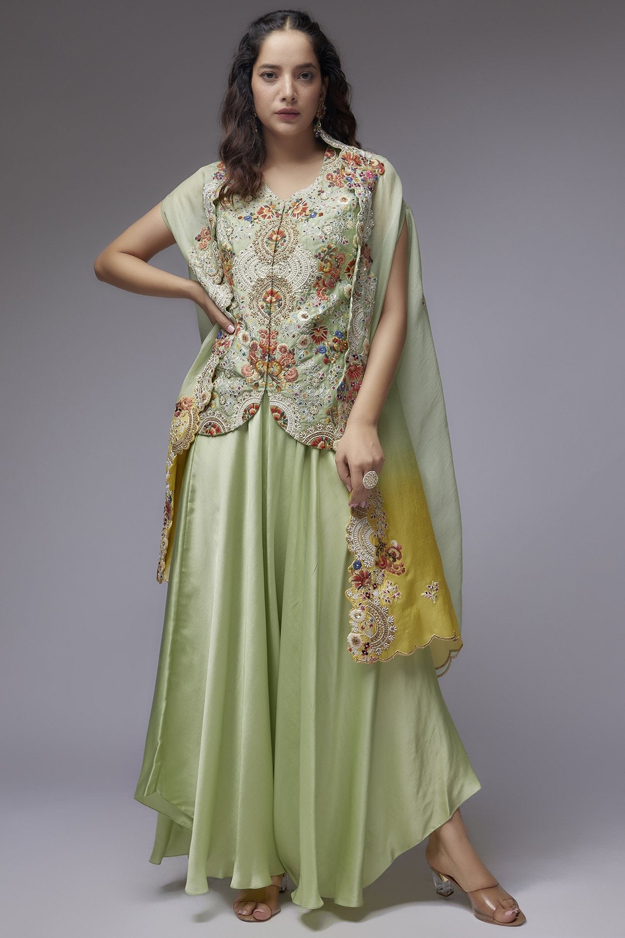 Green Satin Dhoti Set