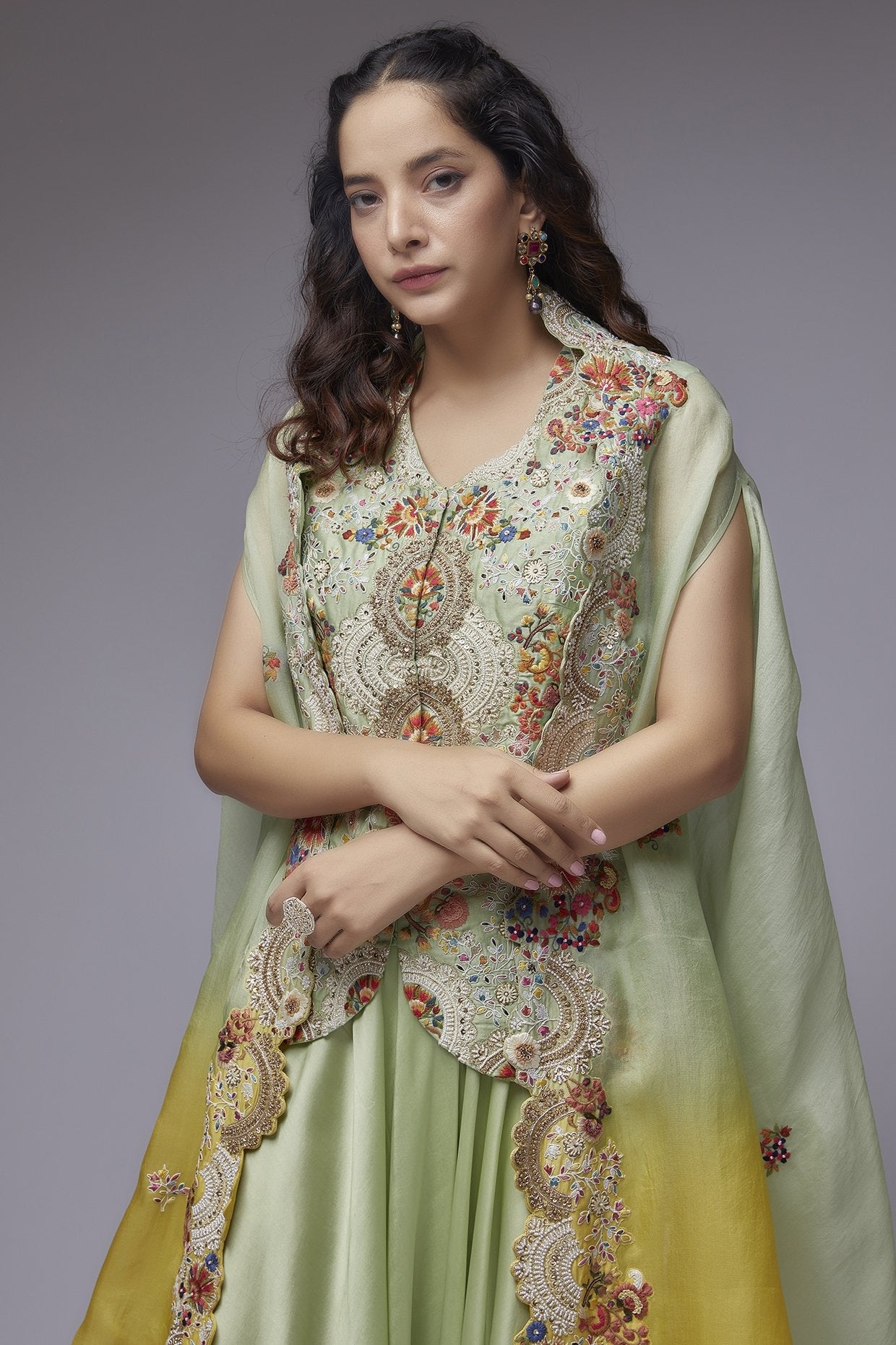 Green Satin Dhoti Set