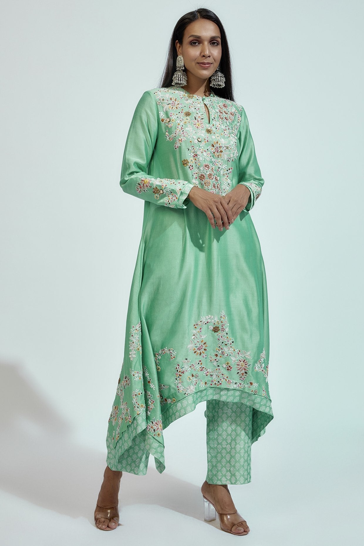 Mint Chanderi Silk Embroidered Kurta Set