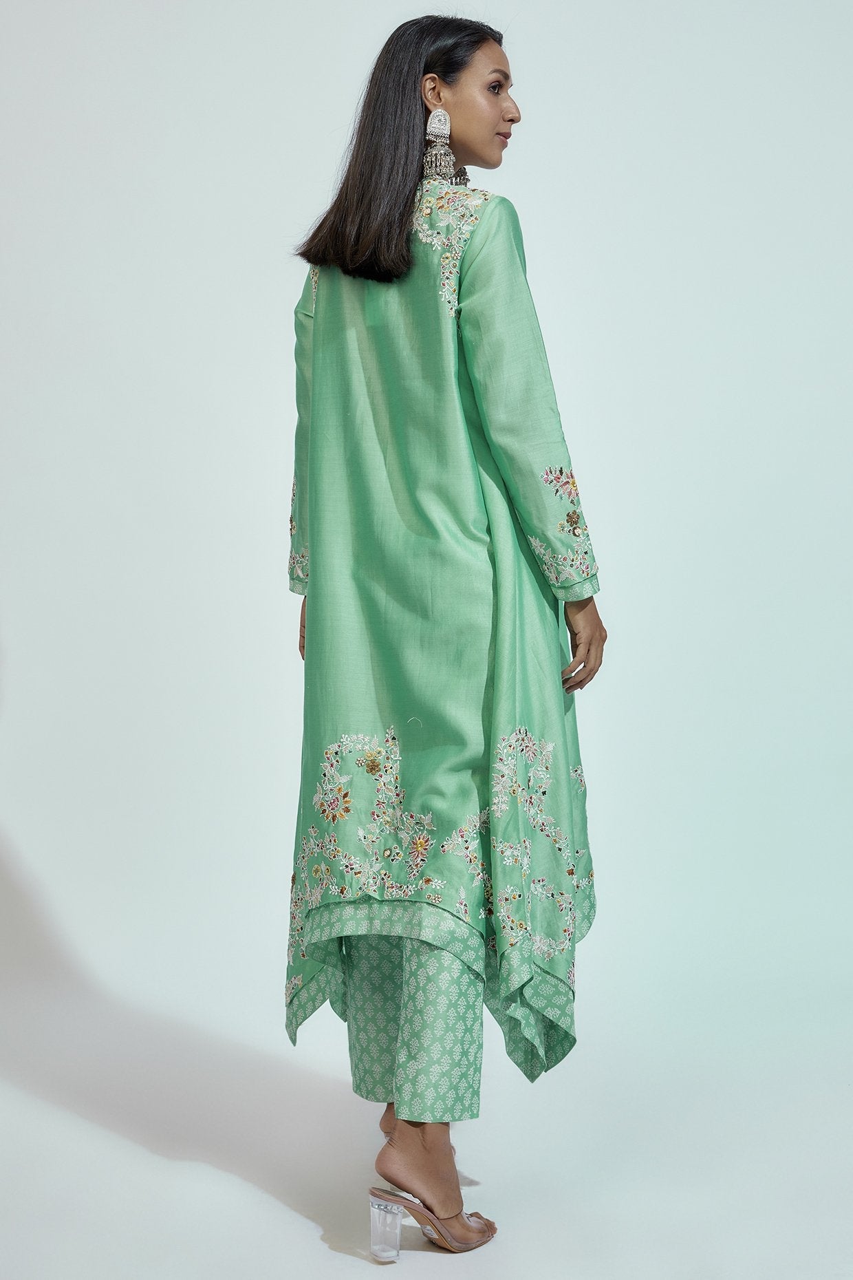 Mint Chanderi Silk Embroidered Kurta Set