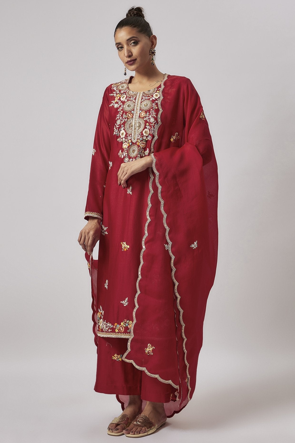 Red Chanderi Embroidered Kurta Set