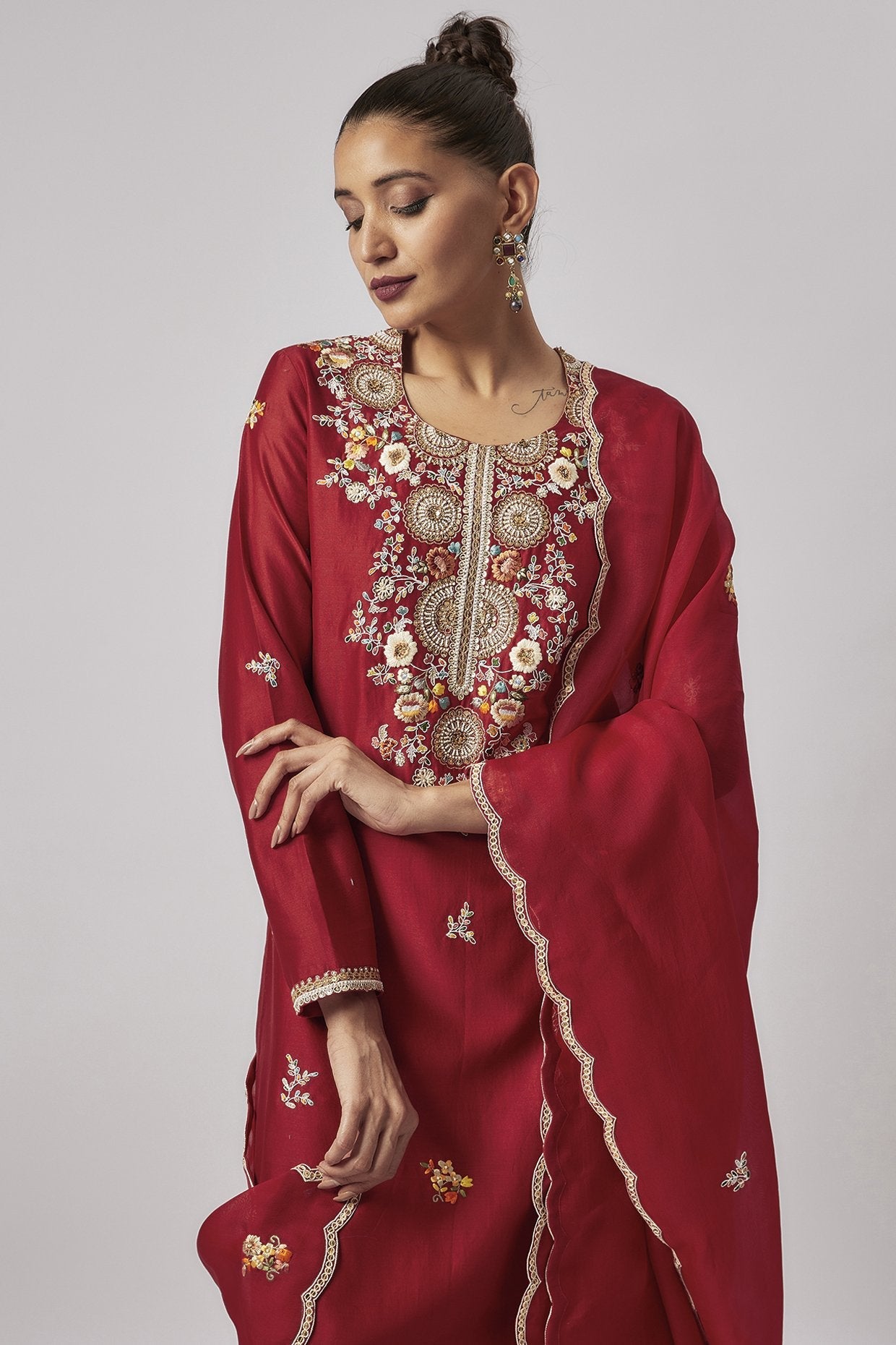 Red Chanderi Embroidered Kurta Set