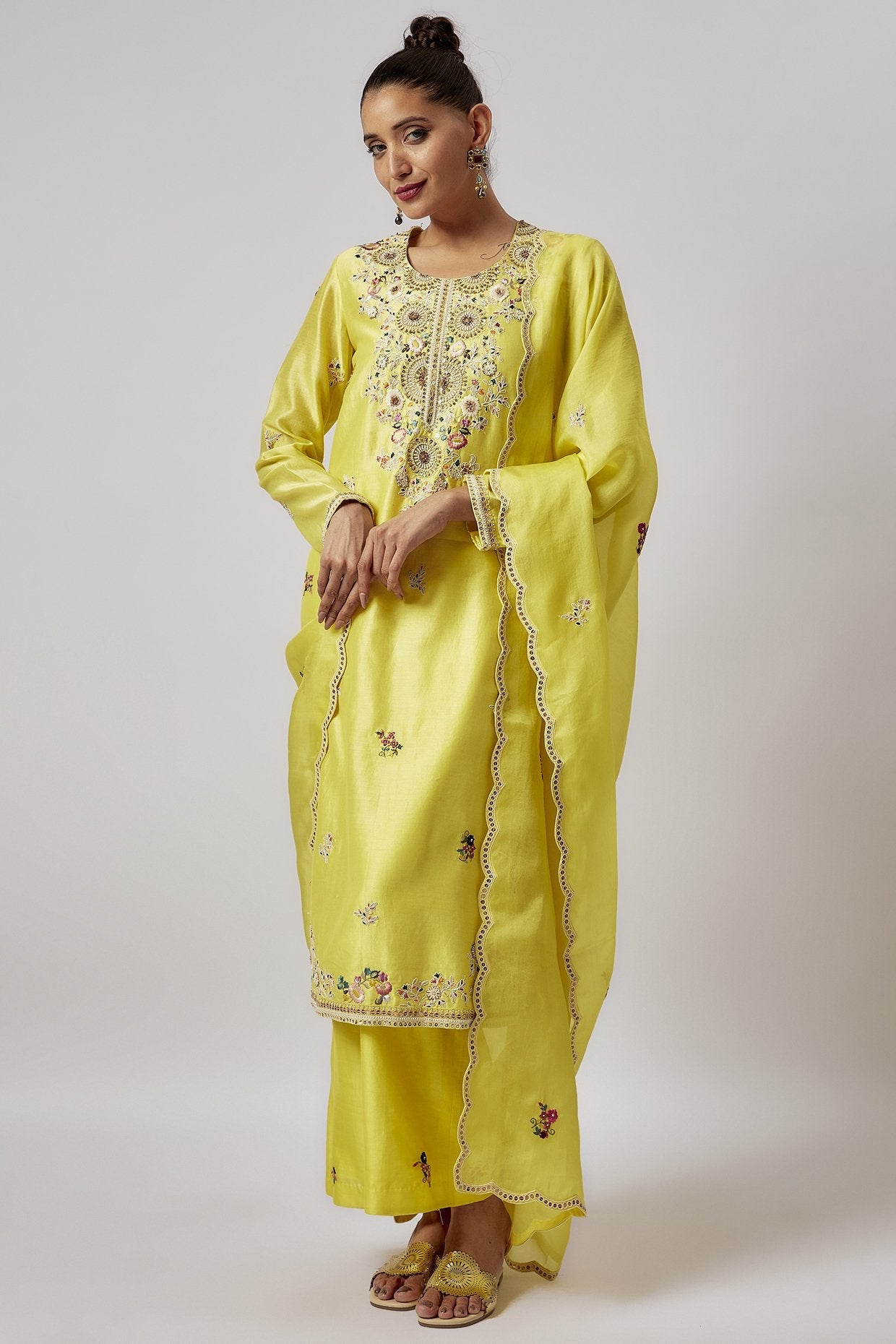 Yellow Chanderi Embroidered Kurta Set