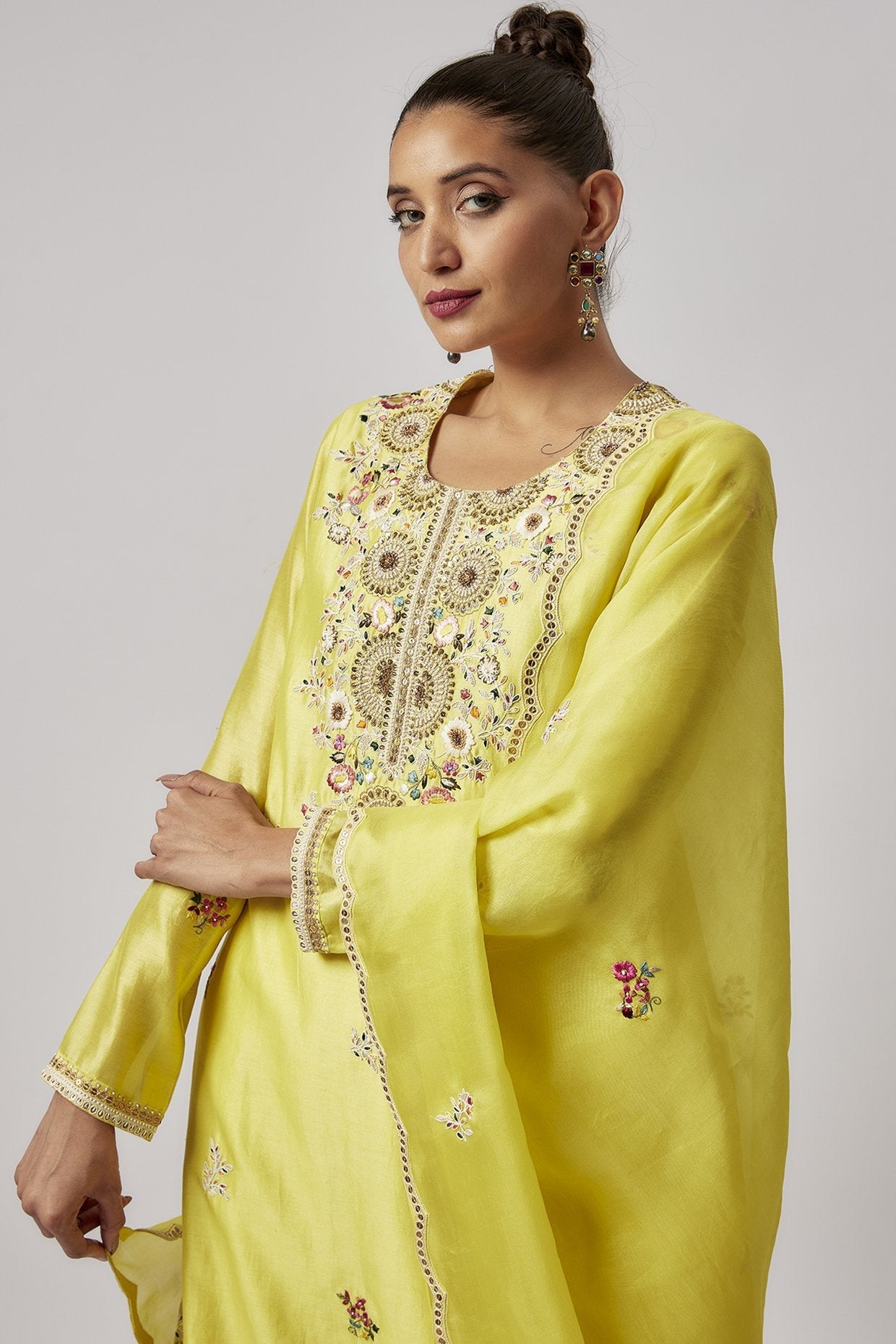 Yellow Chanderi Embroidered Kurta Set