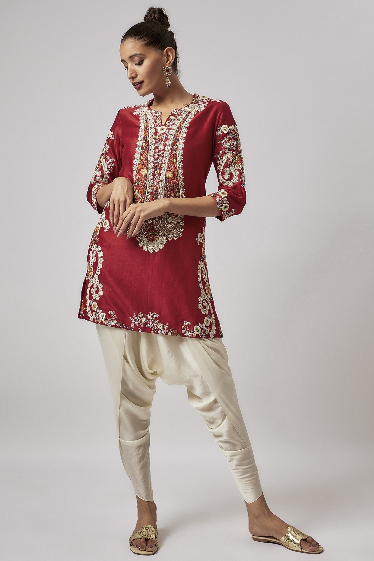 Red Chanderi Embroidered Kurta Set
