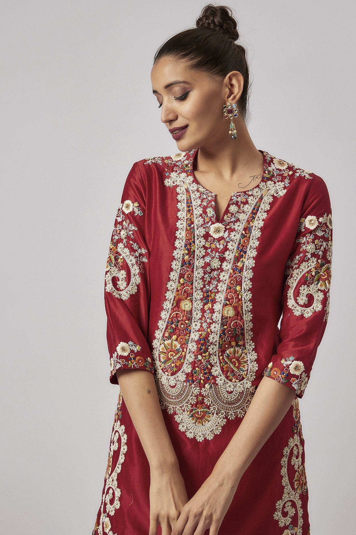 Red Chanderi Embroidered Kurta Set