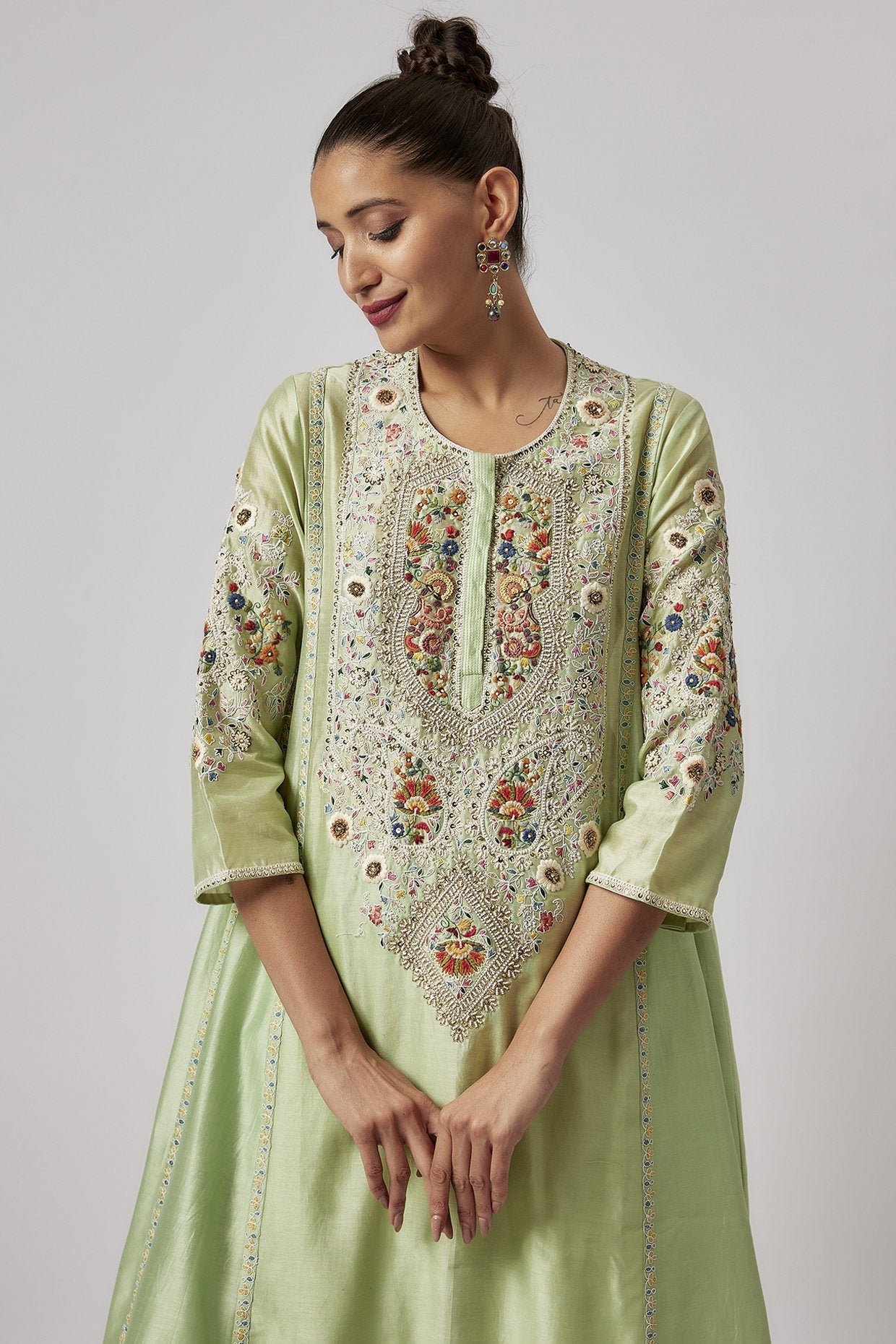 Green Chanderi Embroidered Kurta Set