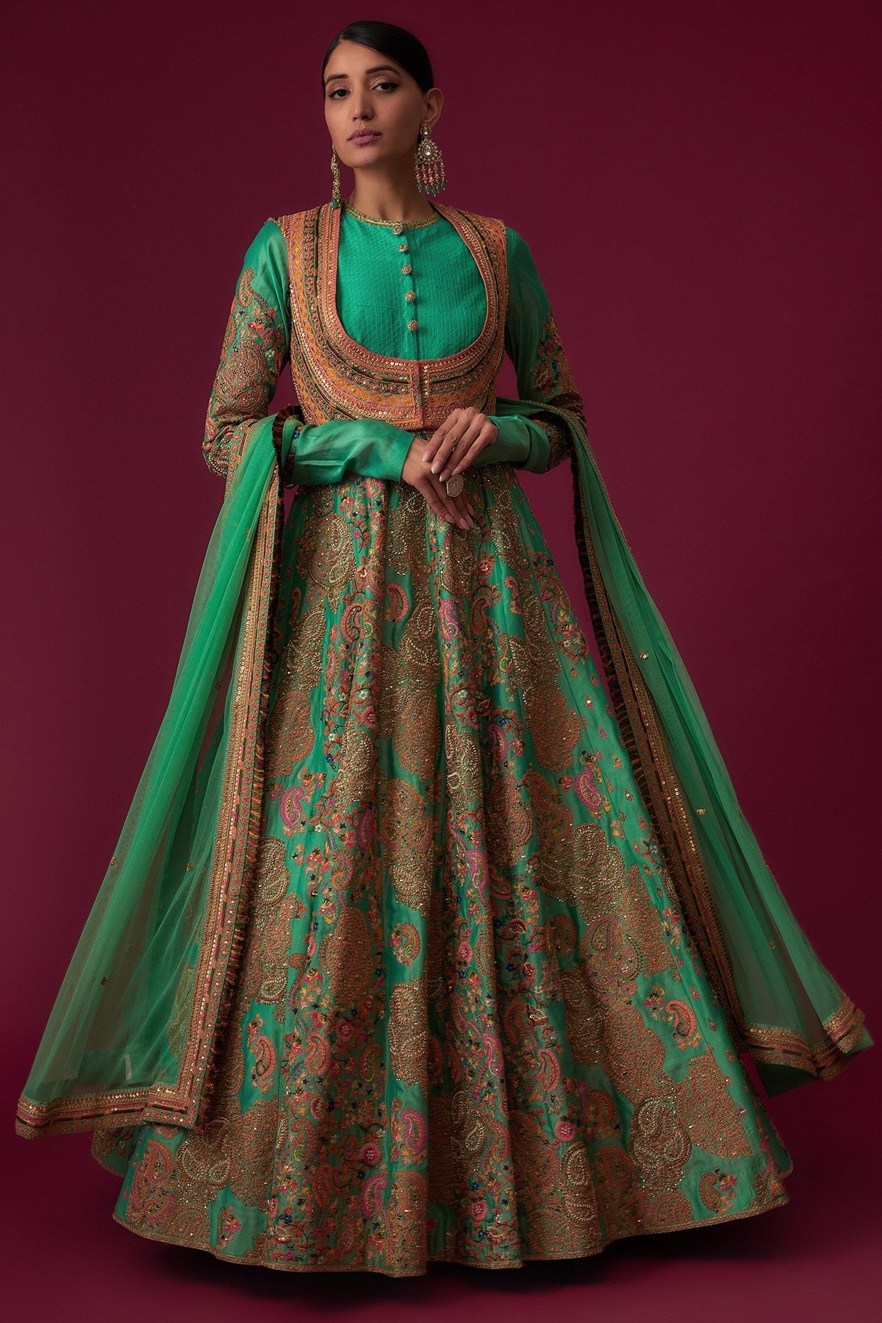 Turquoise Chanderi Kalidar Anarkali Set