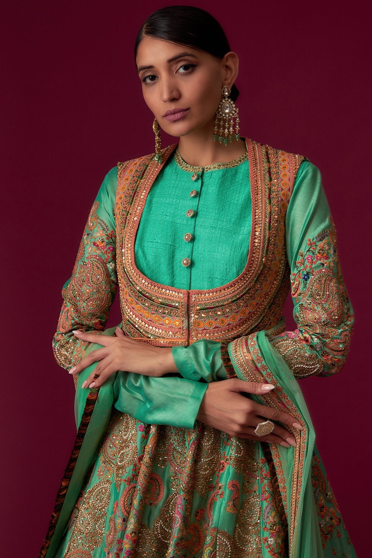 Turquoise Chanderi Kalidar Anarkali Set