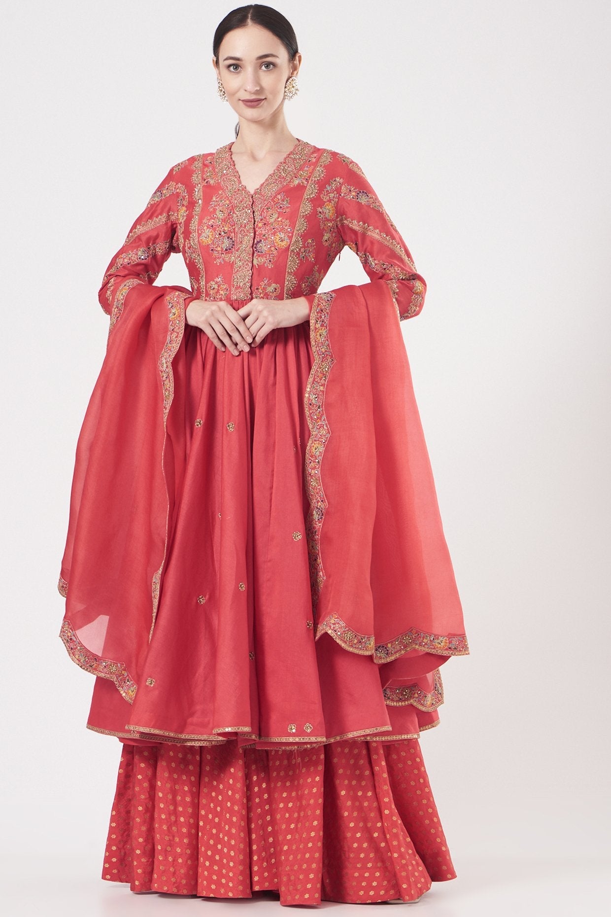 Red Brocade Sharara Set
