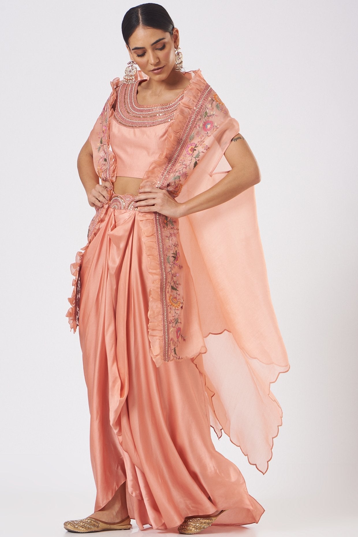 Coral Satin Draped Skirt Set