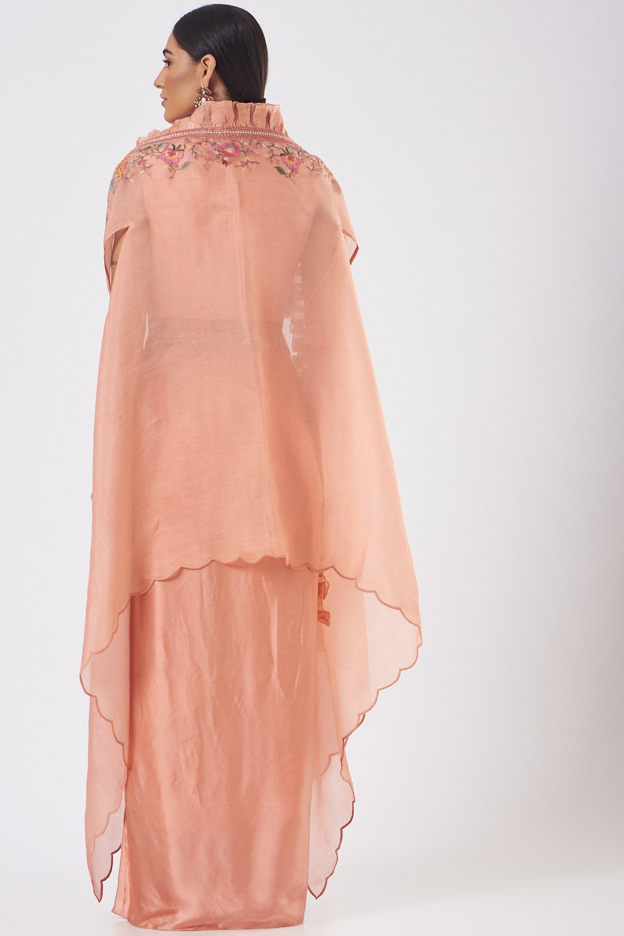 Coral Satin Draped Skirt Set