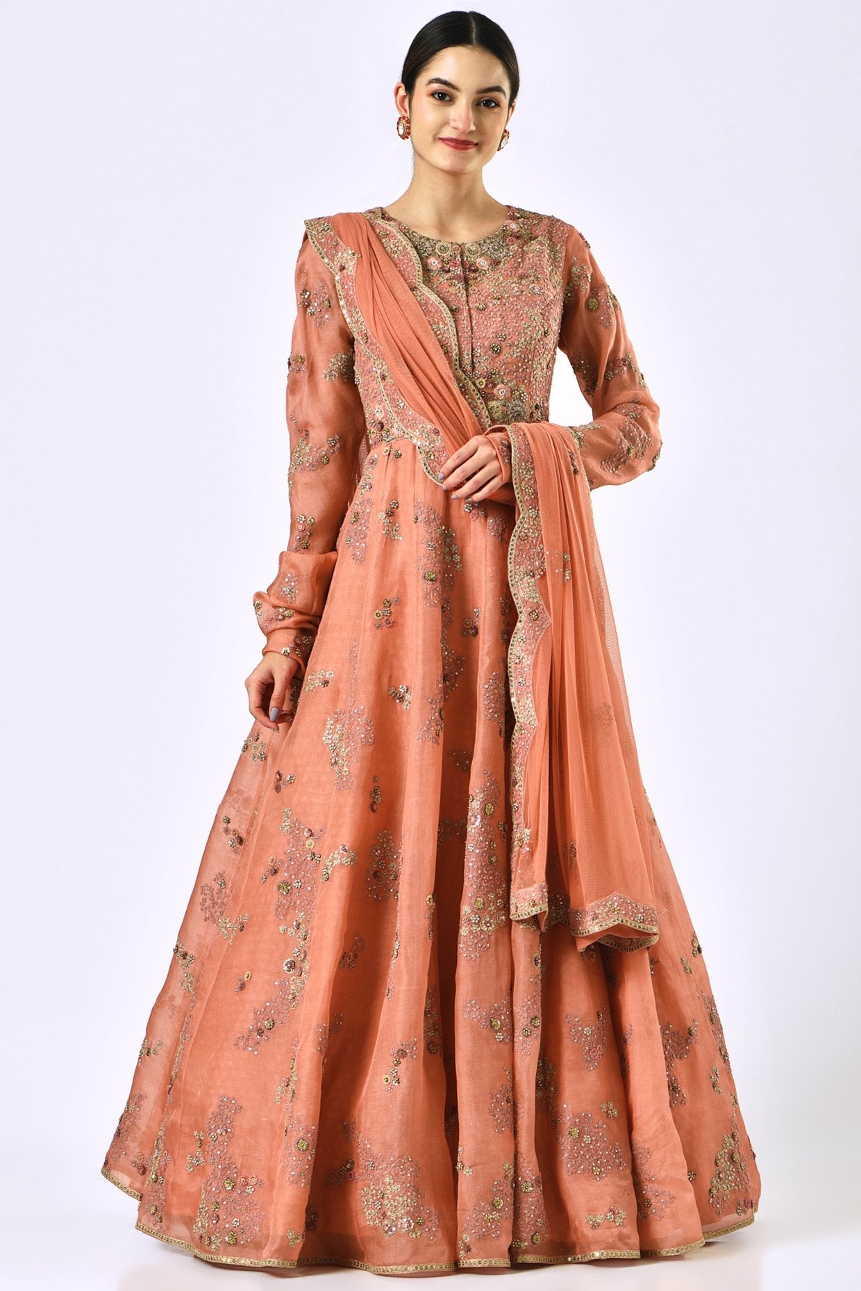 Rust Orange Shimmer Organza Kalidar Anarkali Set