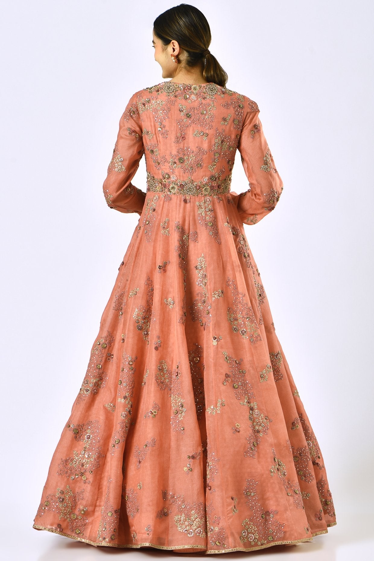 Rust Orange Shimmer Organza Kalidar Anarkali Set