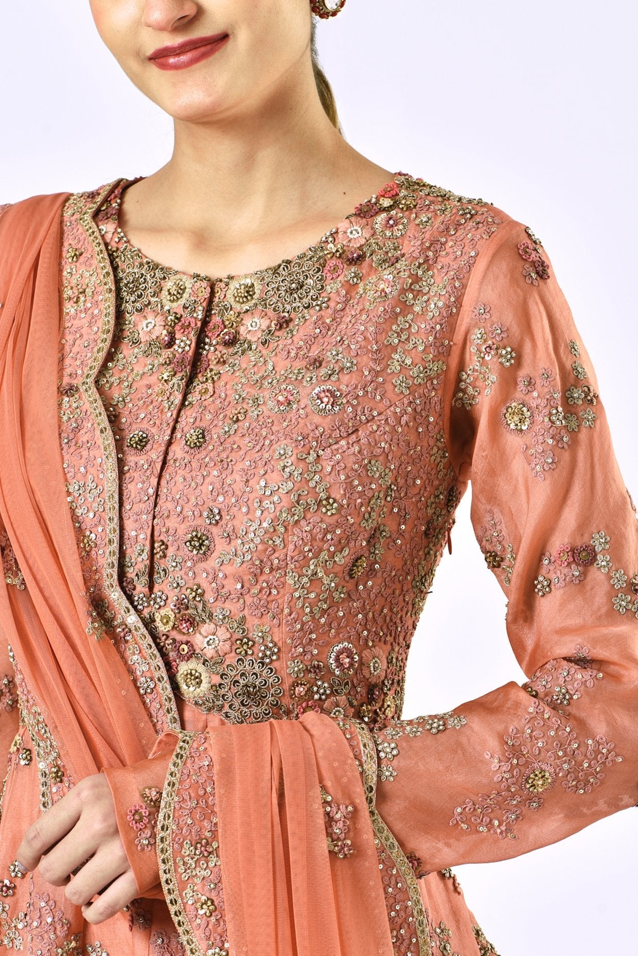 Rust Orange Shimmer Organza Kalidar Anarkali Set