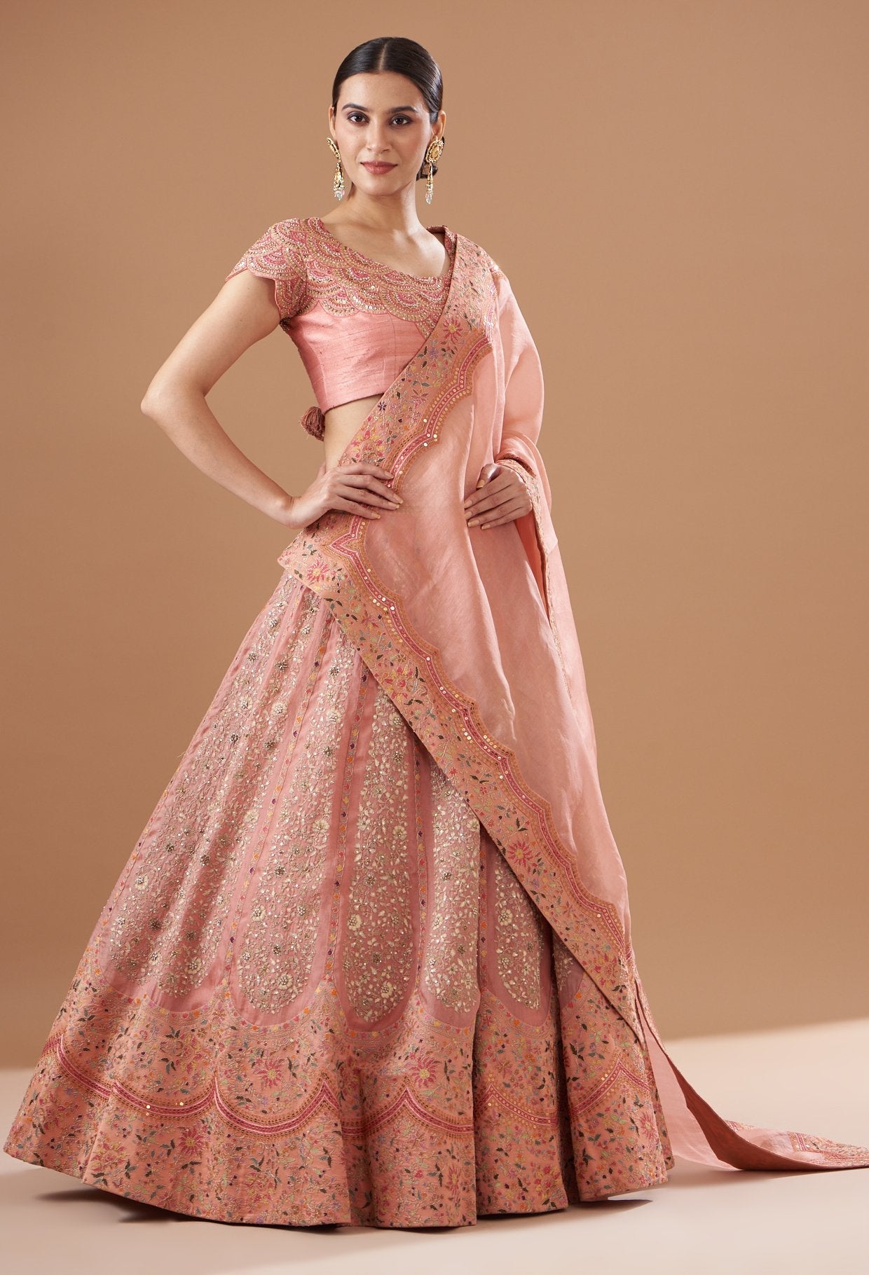 Peach Organza Embroidered Lehenga Set