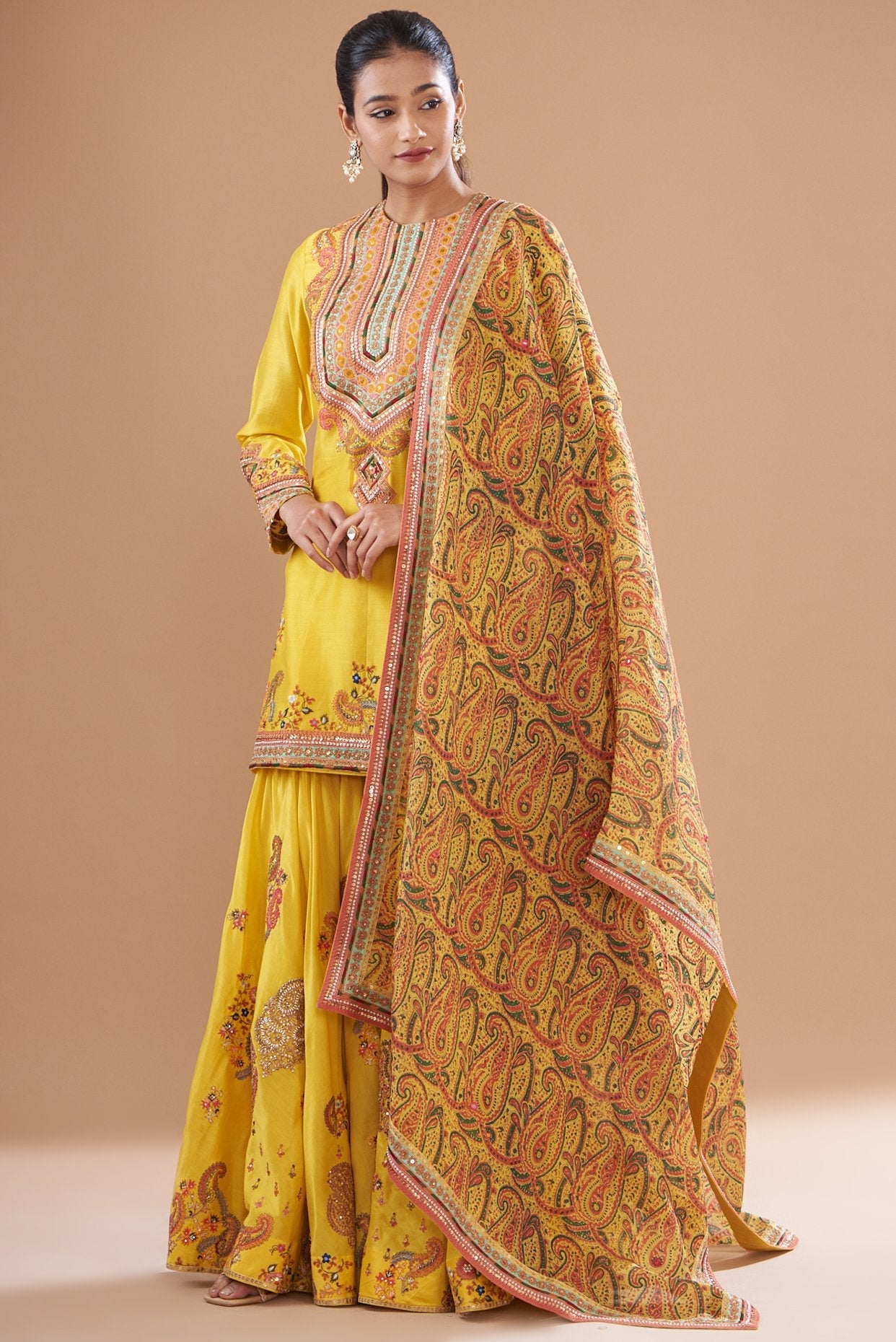 Yellow Chanderi Embroidered Sharara Set