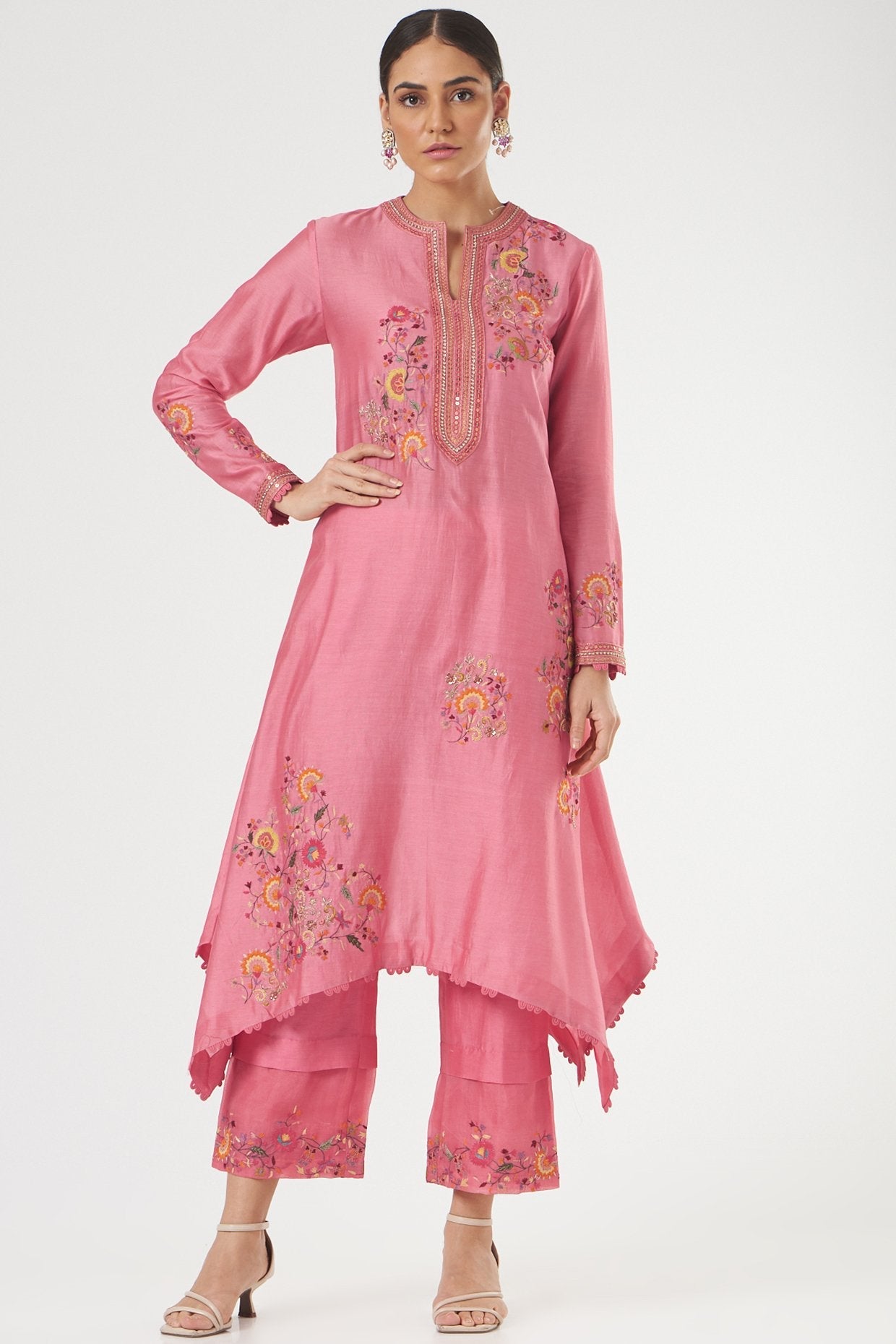 Pink Chanderi Asymmetrical Kurta Set