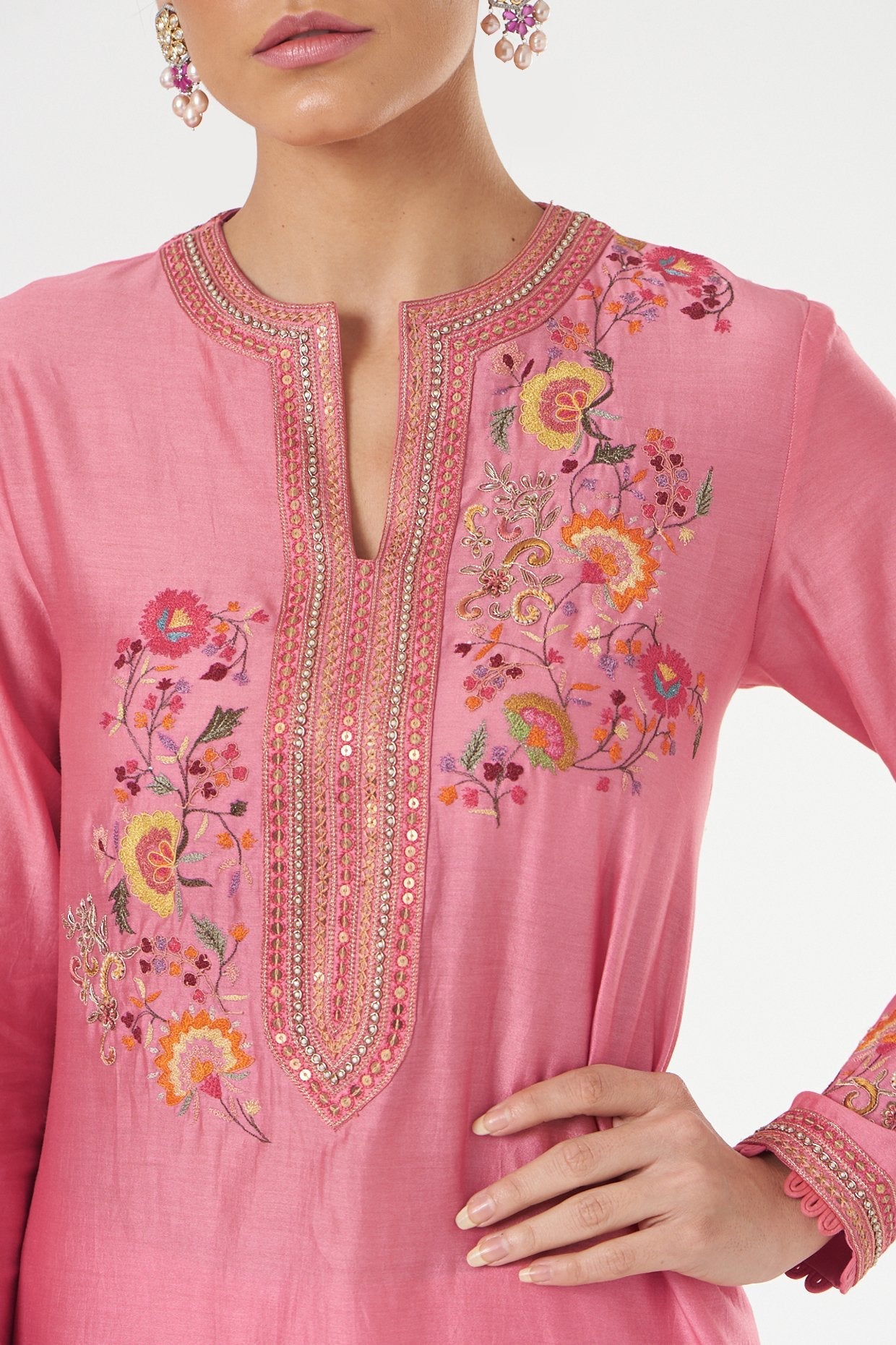 Pink Chanderi Asymmetrical Kurta Set