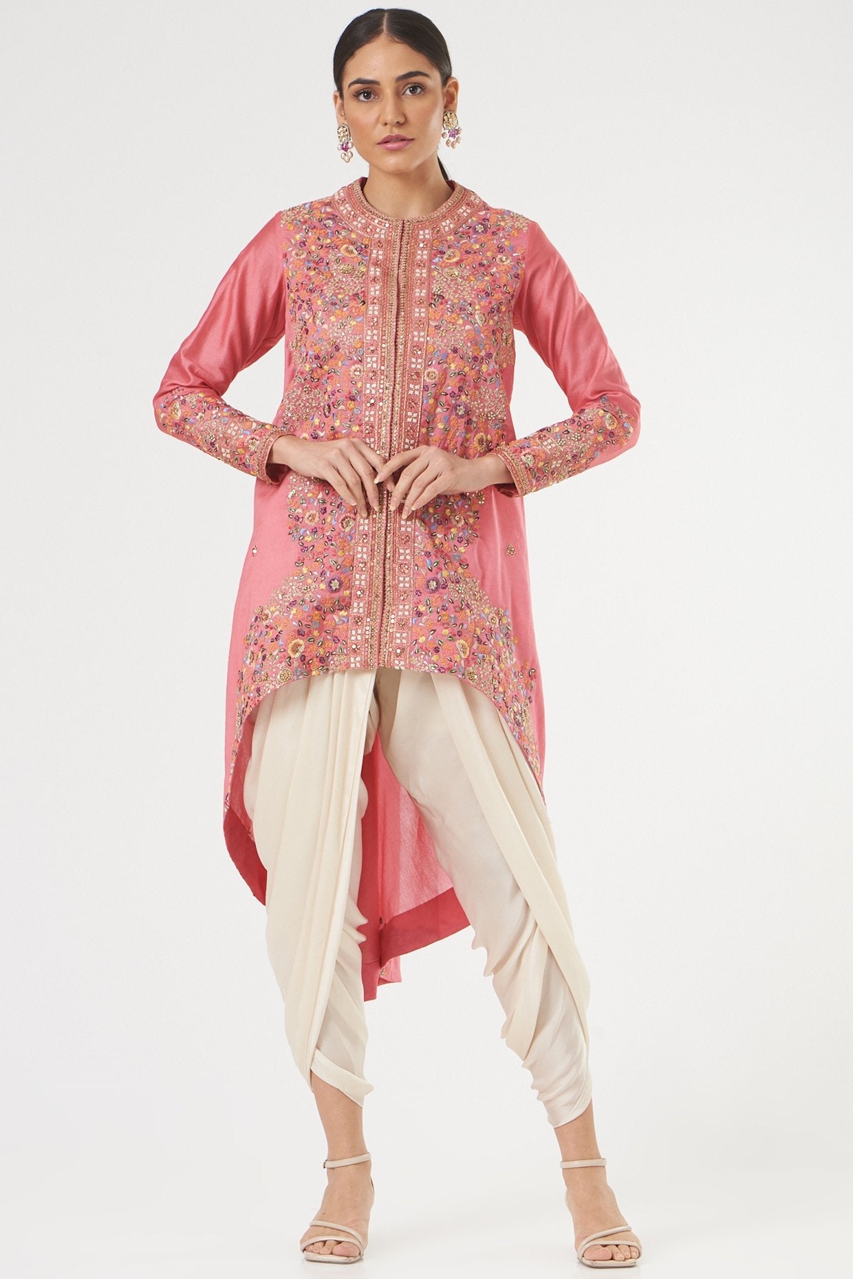 Pink Chanderi High-Low Jacket Set