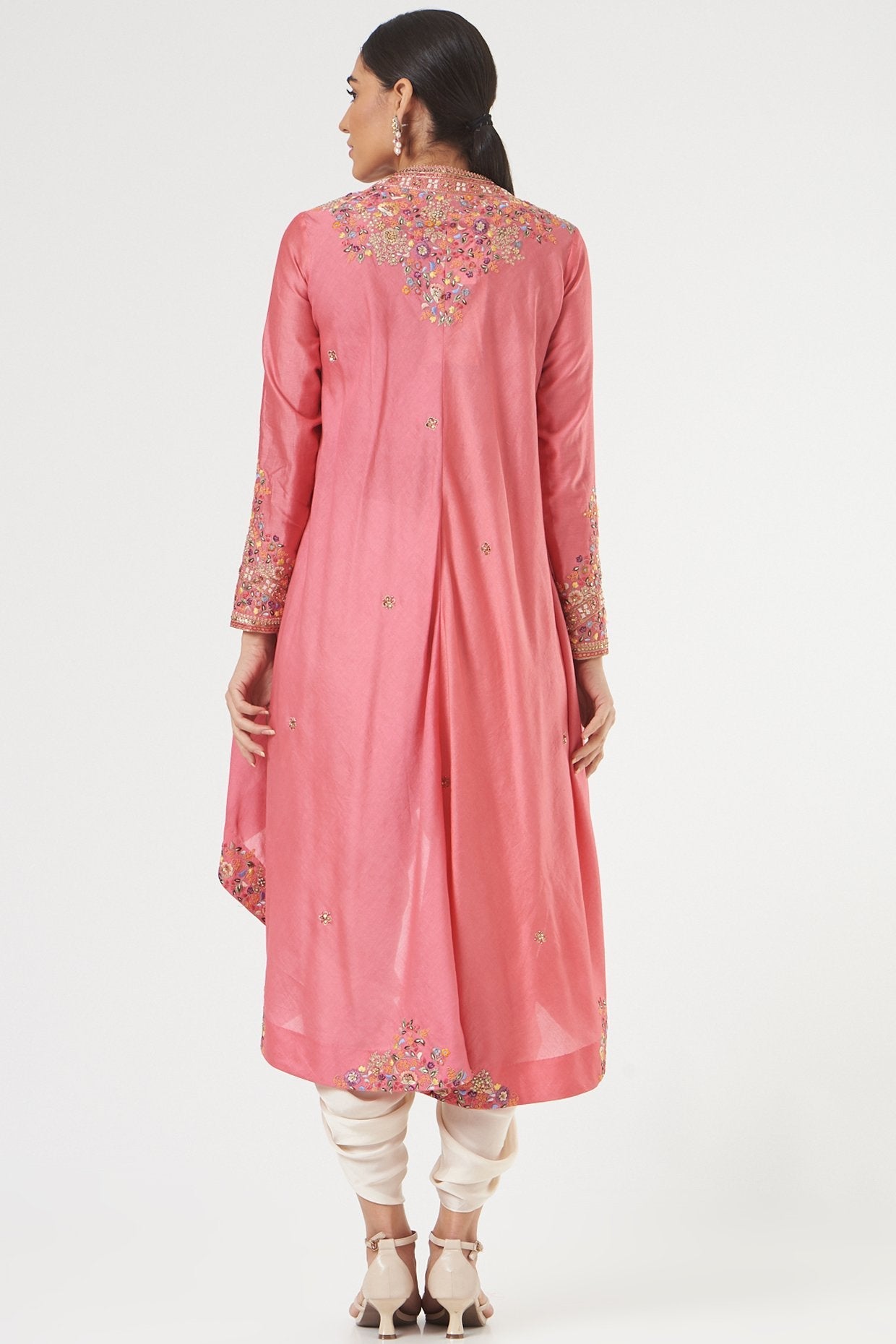 Pink Chanderi High-Low Jacket Set