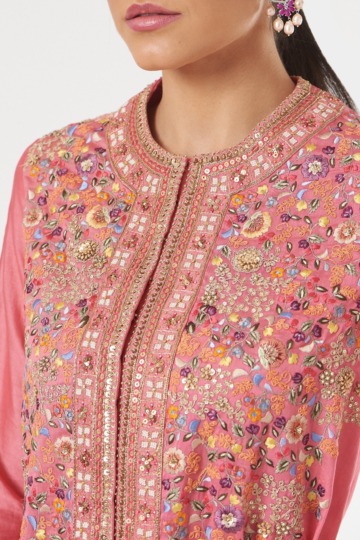 Pink Chanderi High-Low Jacket Set
