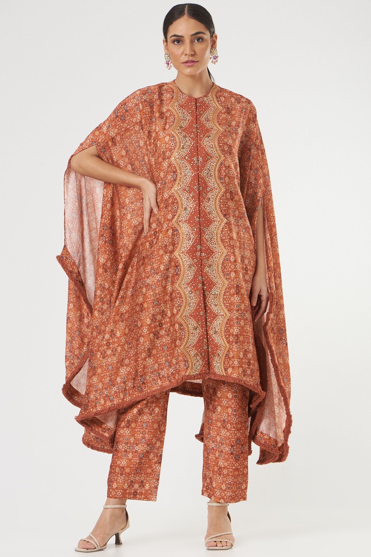 Brick Red Printed Cape Set