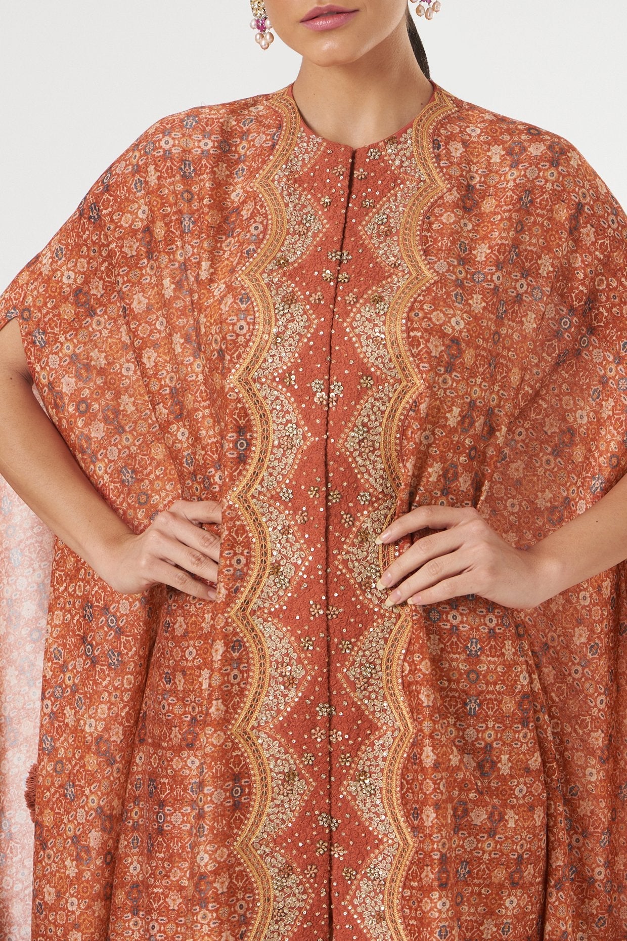 Brick Red Printed Cape Set
