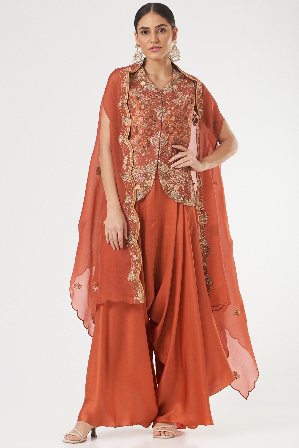 Red Chanderi Satin Short Jacket Set