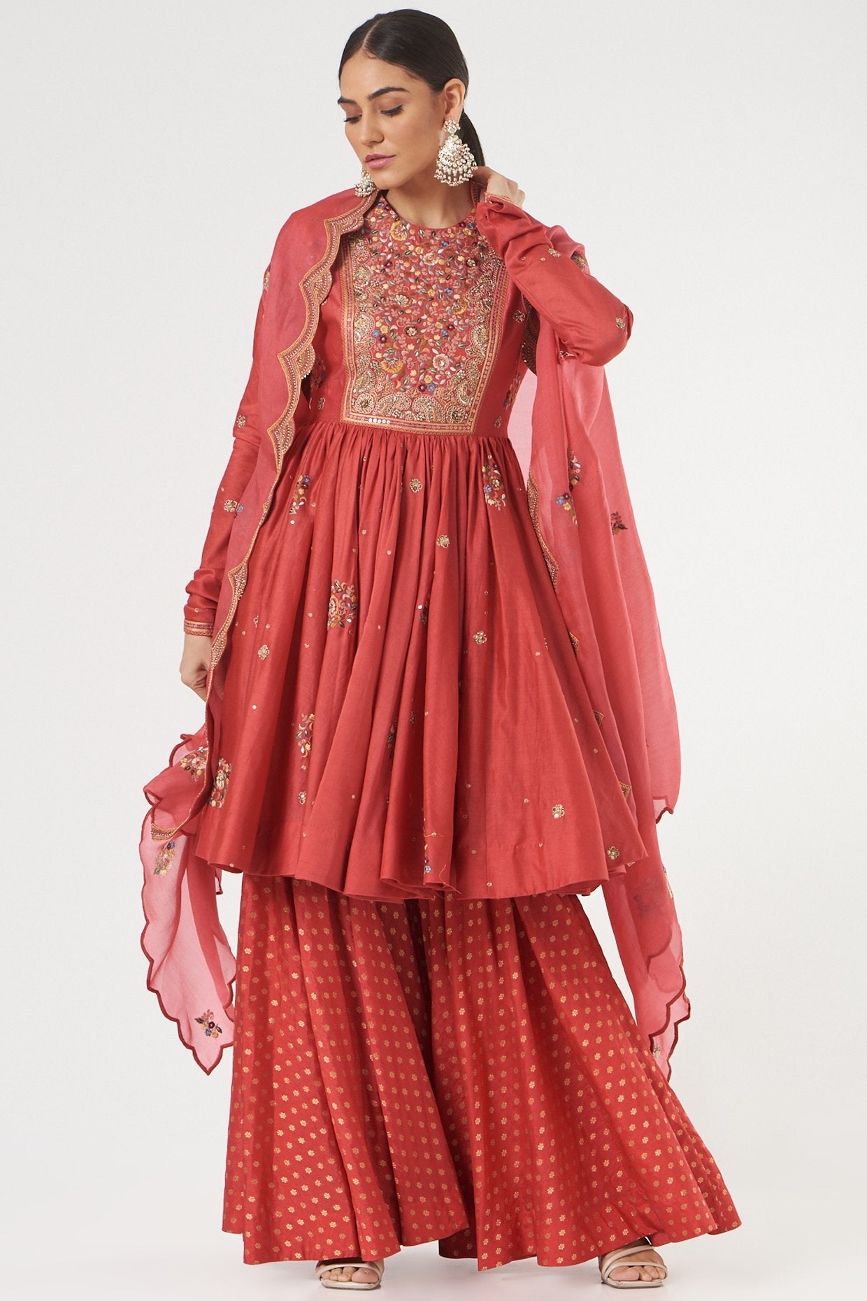 Tomato Red Brocade Sharara Set
