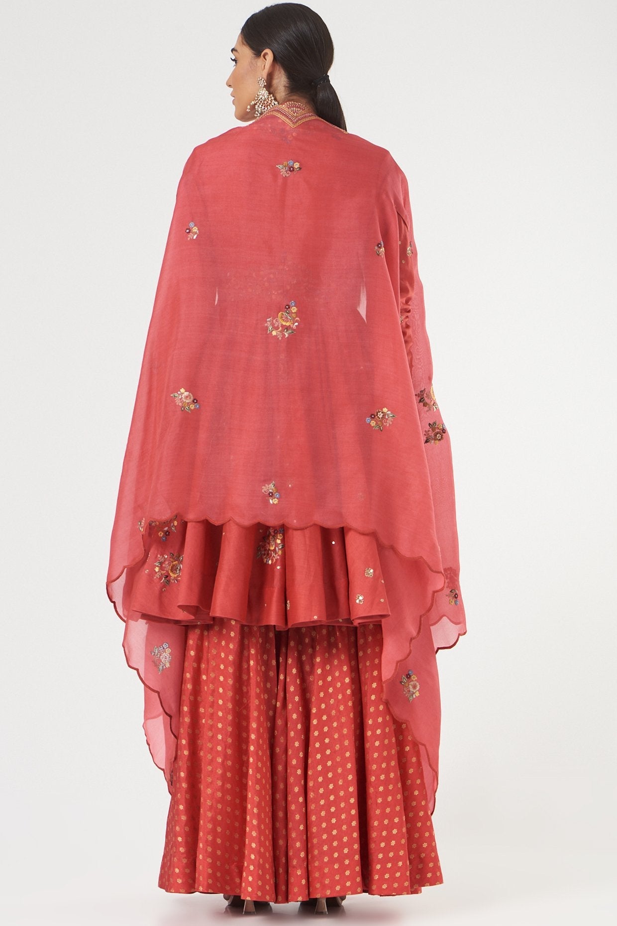 Tomato Red Brocade Sharara Set