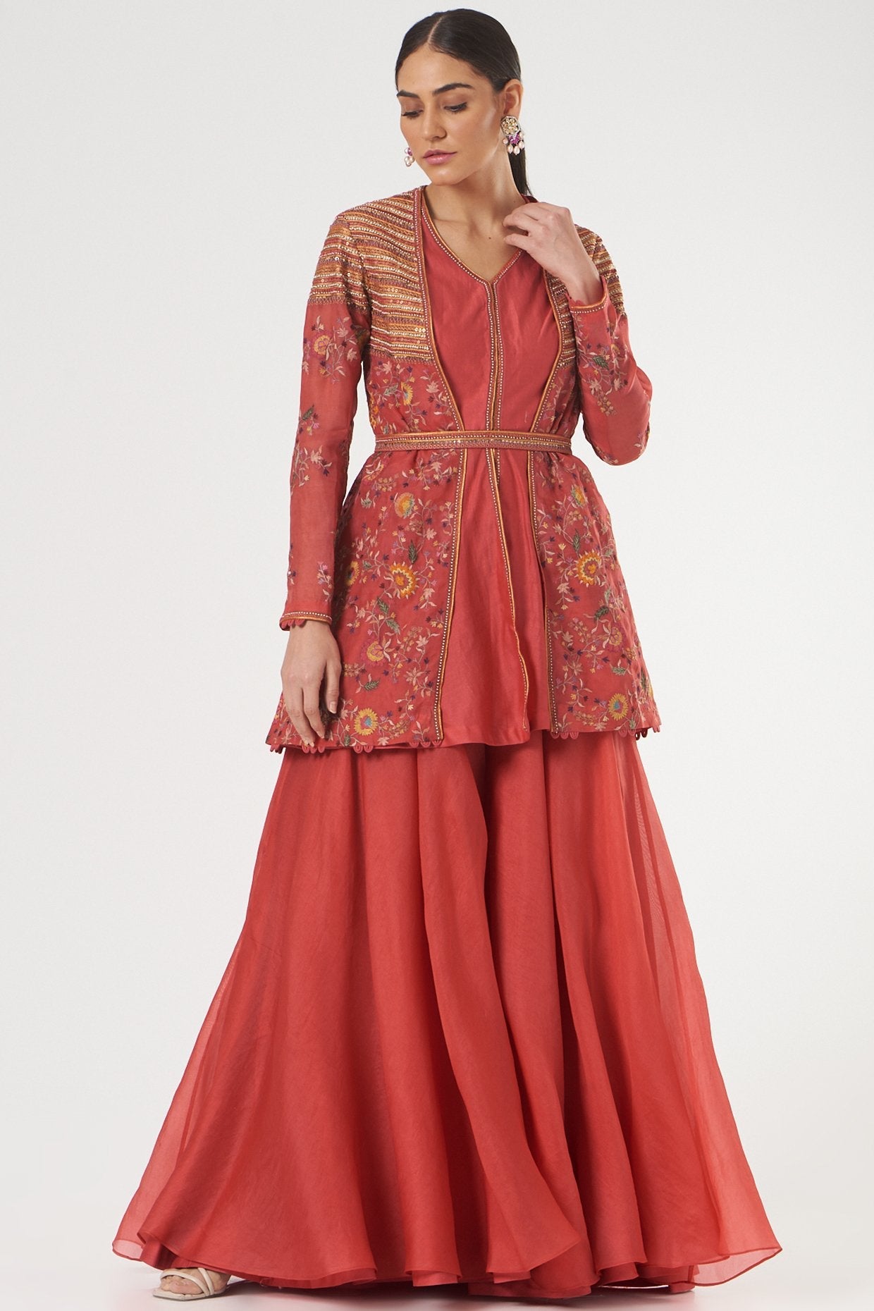 Tomato Red Organza Sharara Set