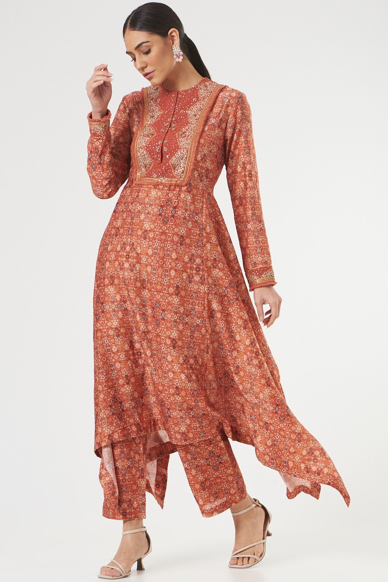 Brick Red Printed Asymmetrical Kurta Set