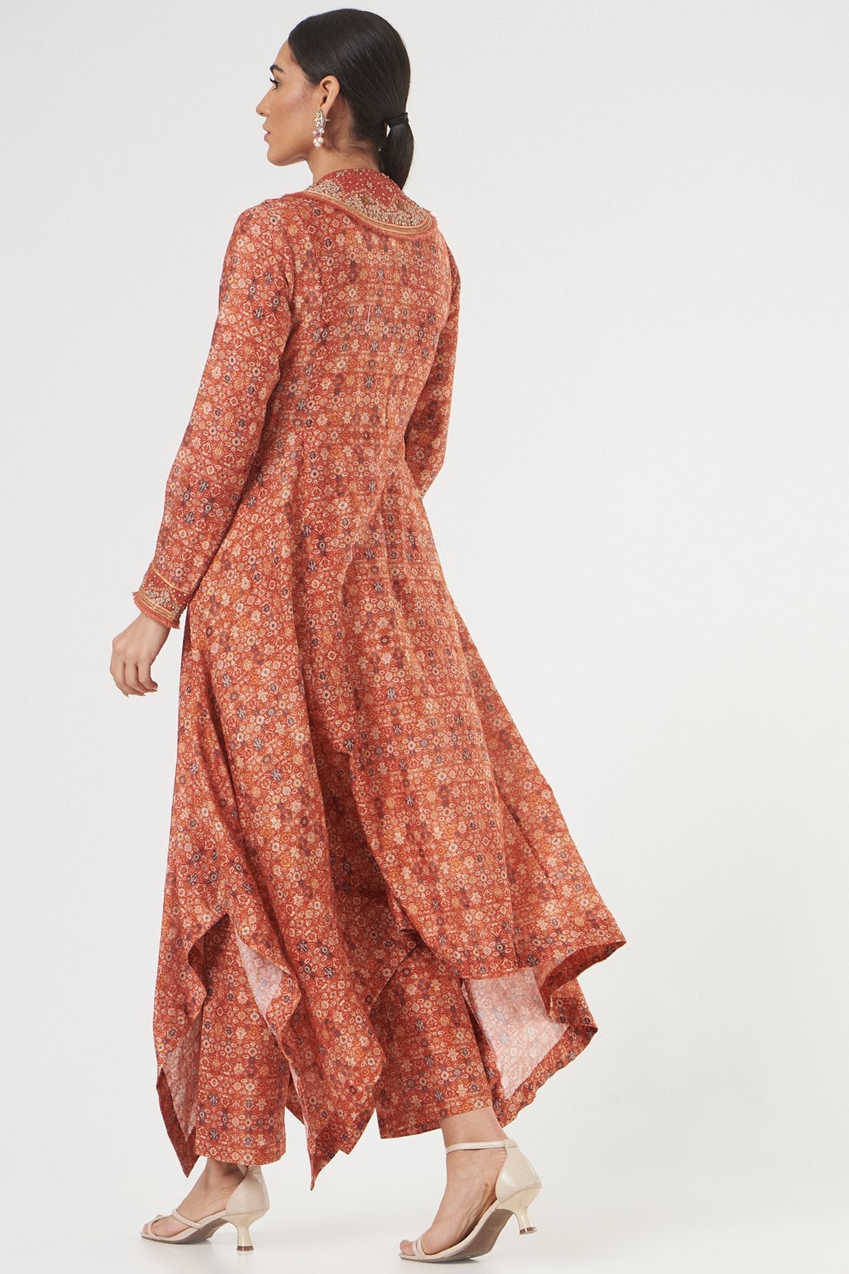 Brick Red Printed Asymmetrical Kurta Set