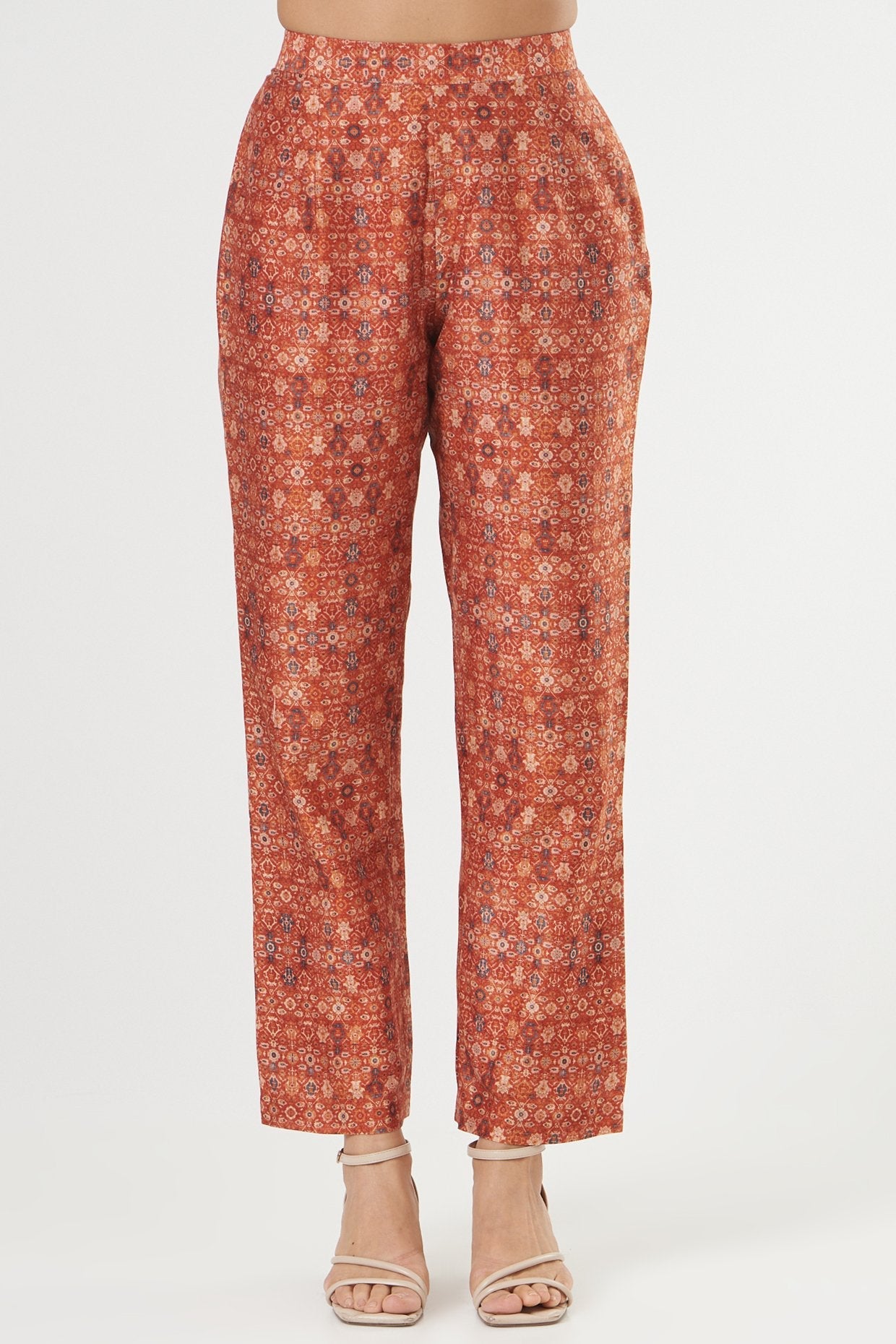 Brick Red Printed Asymmetrical Kurta Set