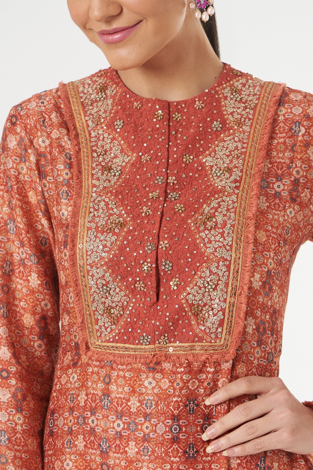 Brick Red Printed Asymmetrical Kurta Set