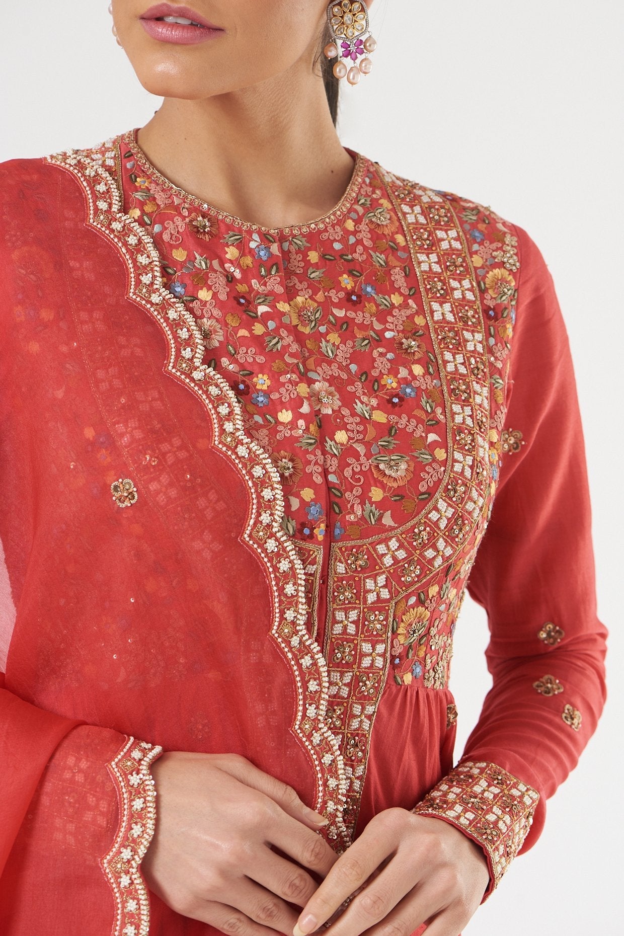 Tomato Red Chanderi Anarkali Set
